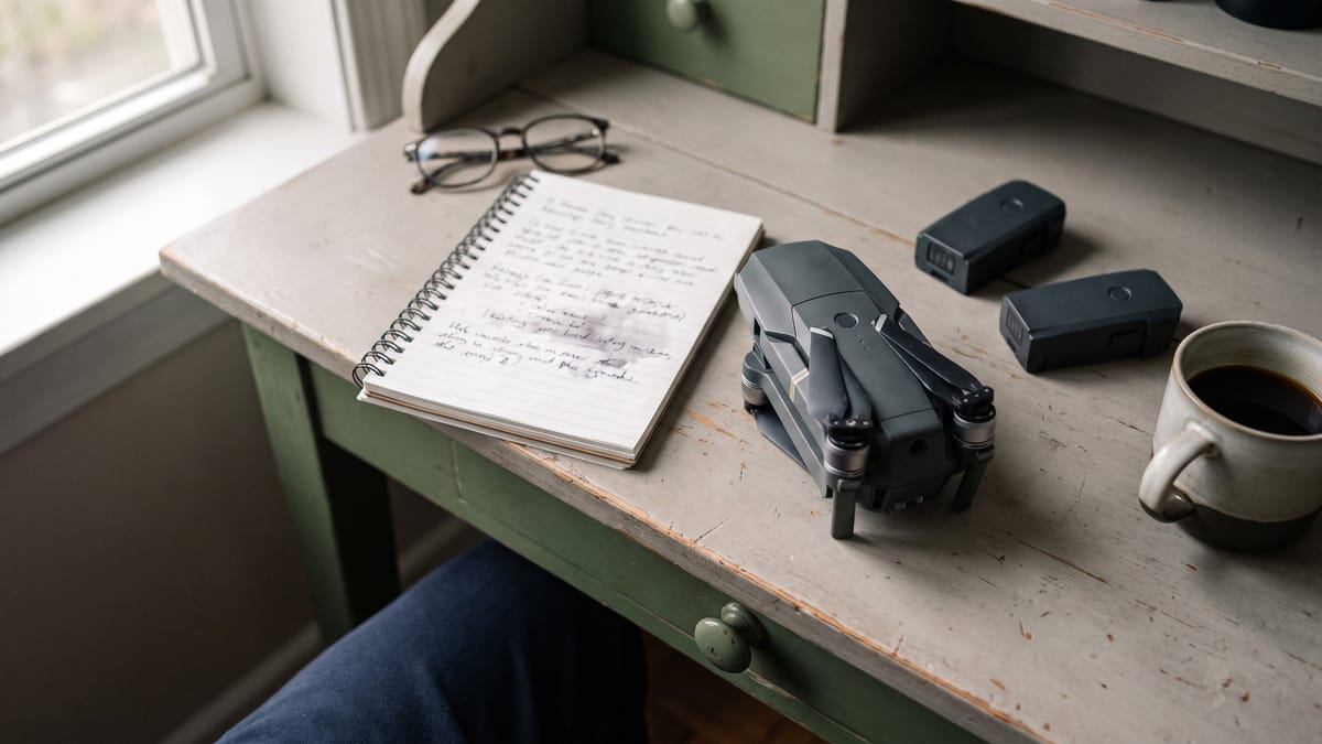 Scrivania di casa con un piccolo drone chiuso, un quaderno, due batterie e una tazza di caffè