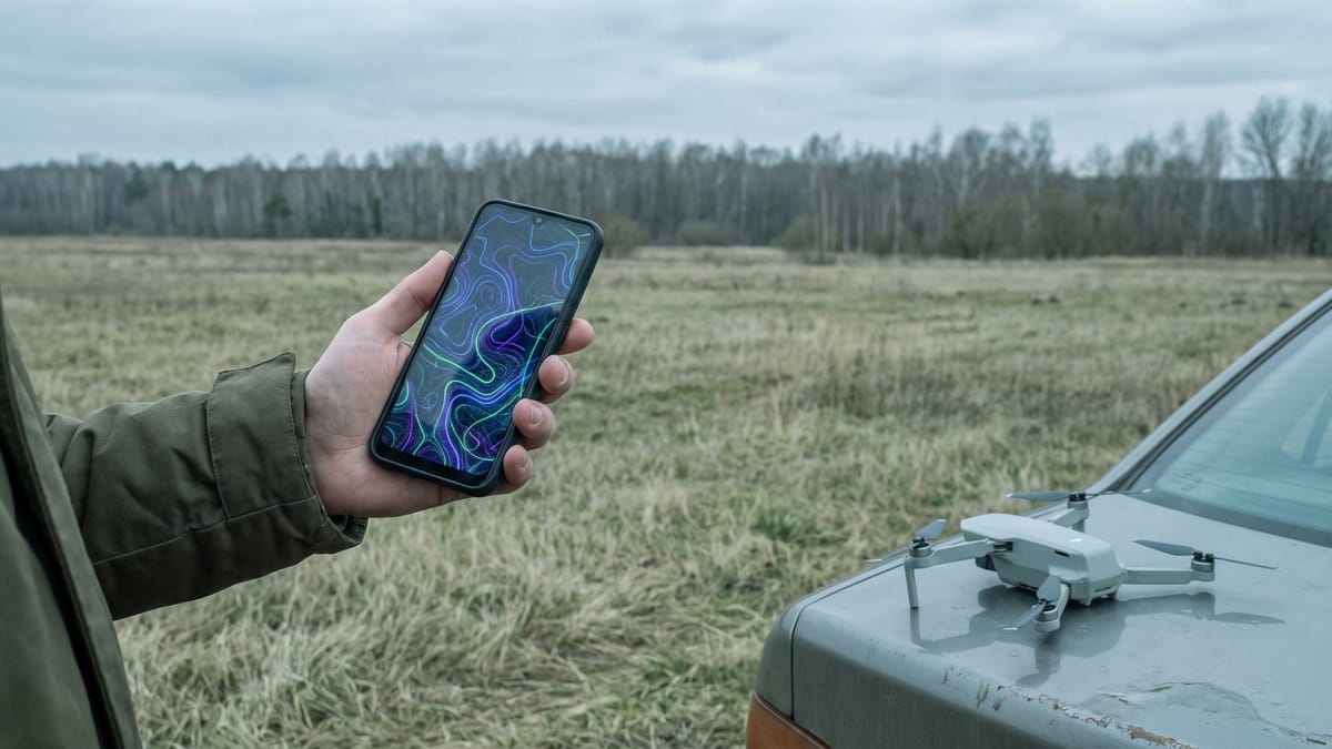 Uno smartphone con una mappa a colori tenuto controluce davanti a un campo di ottobre, con un drone appoggiato al portellone dell'auto