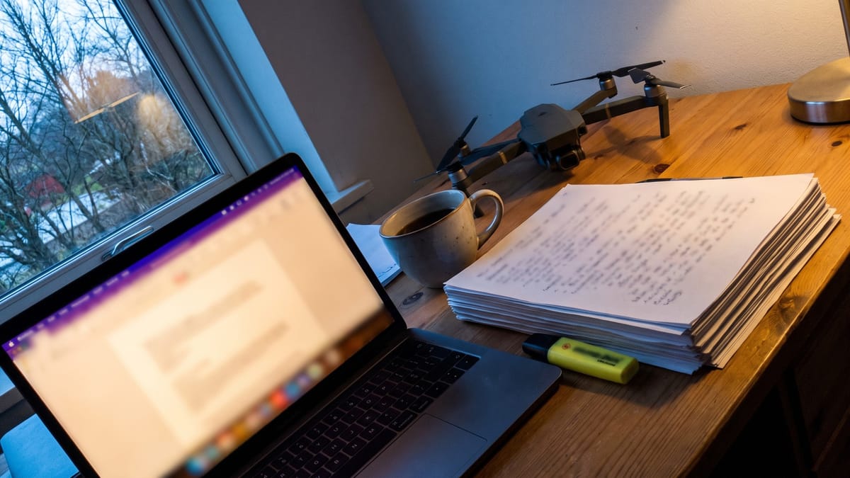 Portatile acceso su una scrivania di casa in un pomeriggio di novembre, con una pila di fogli stampati, un evidenziatore e un drone spinto sul fondo