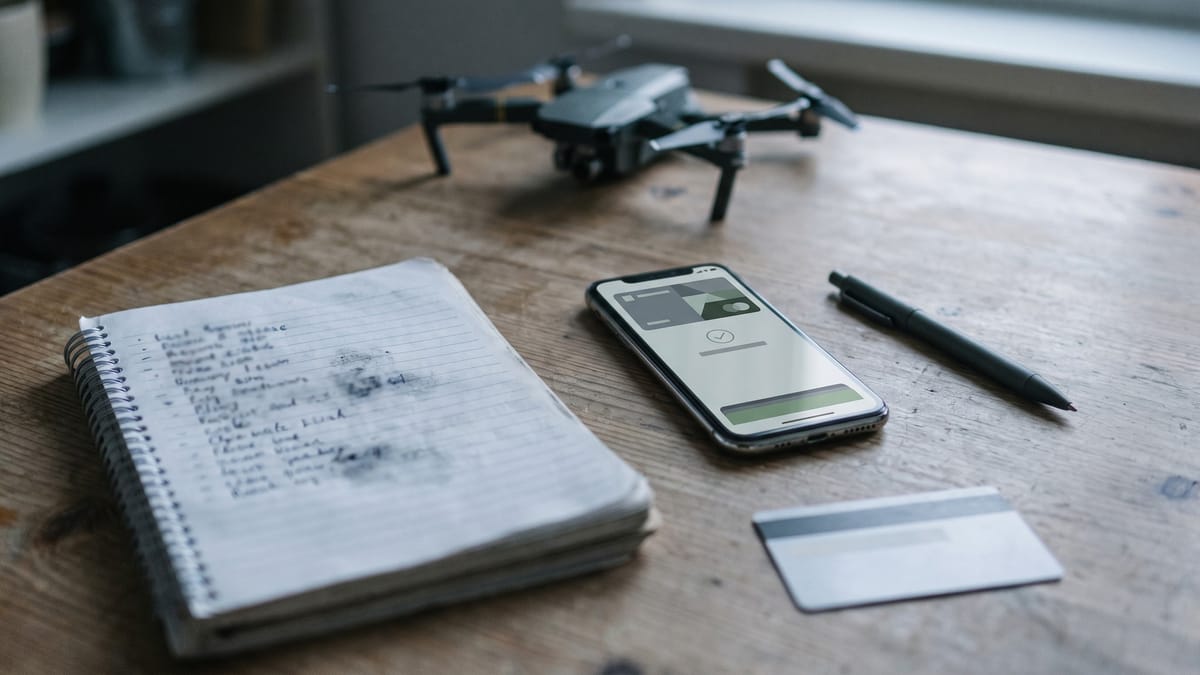 Tavolo di cucina in una luce di gennaio con un quaderno aperto, un telefono, una penna e un piccolo drone sfocato sullo sfondo