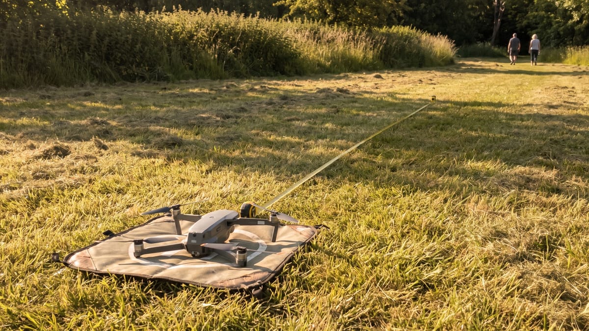 Radura erbosa nel tardo pomeriggio con un drone di media taglia sulla piazzola e una fettuccia metrica stesa sull'erba